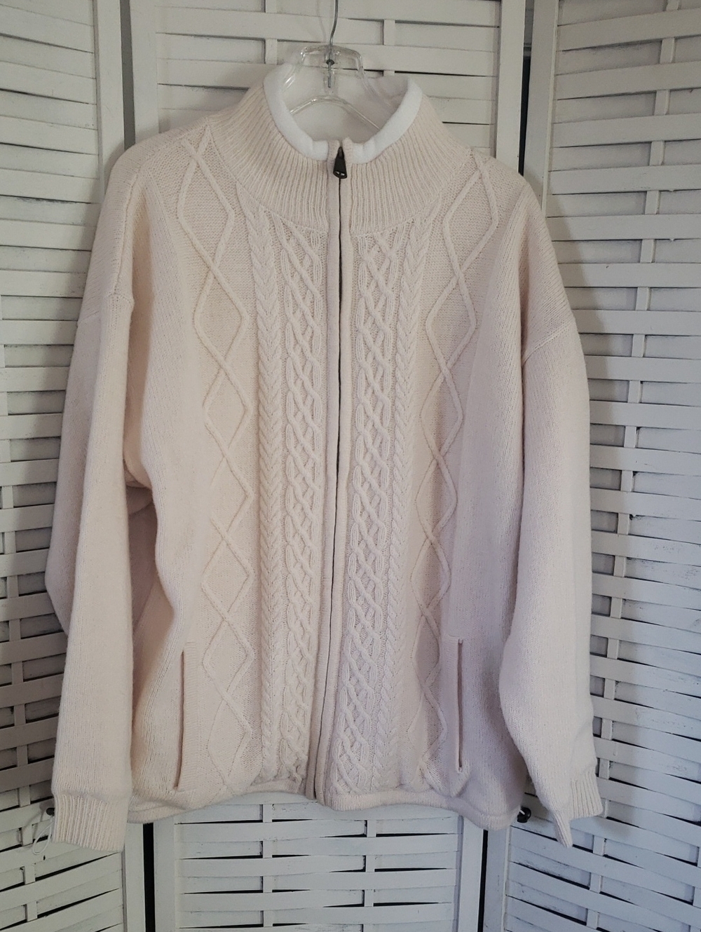 Aran Woollen Mills 100% Wool Men's Cream Full-Zip Cable Knit Sweater XL